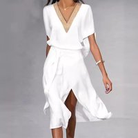 Clothing Summer Fashion Mature Lace V Neck Lace Up Casual Dress Slits