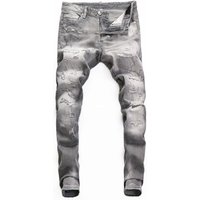 Men's Clothing Street Fashion Ripped Jeans Retro Distressed Grey Slightly Elastic Slim Fit Patchwork Skinny Jeans