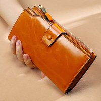 Real Leather Wallet, Ladies' Long Wallet, RFID Anti-theft, Oil Brushing, Wax Leather Multifunctional Wallet, Hand-held Bag
