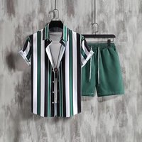 Men’s Clothing Striped Contrast Color 3D Printing Summer Vacation Shirt Shorts 2 Piece Set