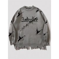 Men's Distressed Knit Sweater With Letter Embroidery, Frayed Hem, And Crew Neck For Winter Casual Wear