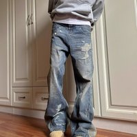 American High Washed Distressed Patchwork Deconstruction Jeans Loose Slightly Flared Handsome Explosive