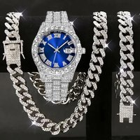 Hip Hop Luxury Watch Set Diamond Accents Matching Bracelet & Necklace Quartz Movement Round Dial Stainless Steel Case Mineral Crystal Glass
