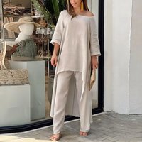 Clothing Plus Fashion Casual Set Cotton Linen Long Sleeved Top Wide Leg Pants Two Piece Irregular Design