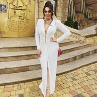 Elegant Deep V Neck Pleated Dress – Long Sleeve High Slit Evening Gown 