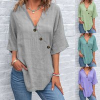 Women’s Clothing Women’s Shirt Tops V Neck Solid Color Linen Fabric Shirt