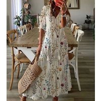 Casual Sweet Loose V neck Printed Moustache Sleeve Long Dress Spot.