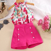 XUANMU Kids Casual Summer Clothing Sets Outfits for Girls New Toddler Floral Print Ruffles Tops Short Pant Fashion Children Set X011A
