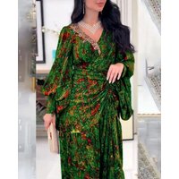2023 Spring Summer Long Spliced Waist Skirt V neck Printed Belt Dress