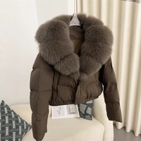 Women's Short Down Jacket With Oversized Fox Fur Collar - Winter Fashion Coat With White Duck Down, Detachable Fur, Loose Fit, Multiple Colors