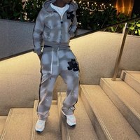 American Retro Street Style Hooded Zip up Sweatshirt Pants Set Hip Hop Loose Fit Printed Clothing