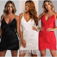 Sexy Dress Fringed Splicing Backless Dress Skirt Deep V neck Dress