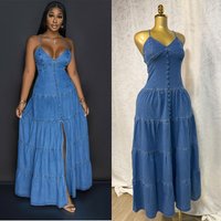 Clothing Summer Sexy Fashion V Neck Suspender Back Strap Denim Dress Cake Long Skirt
