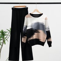 Women's Clothing Stylish Long Sleeve Knit Sweater & Wide-Leg Pants Set - Casual Loose Fit Two-Piece Outfit With Contrast Color Design Comfortable