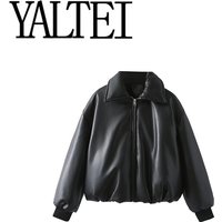 Women's Faux Leather Jacket Vintage Distressed Print V-Neck Zip-Up Streetwear Coat Black Brown Army Green