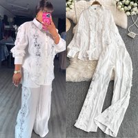 Heavy Lace Stitched Temperament Shirt Wide Leg Trousers Set Long Sleeved Elastic High Waist Two Piece Suit Spring Autumn Summer