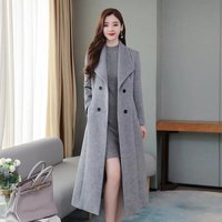 Elegant Long Wool Coat Knee Length Thickened Plus Double Breasted Belted Waist