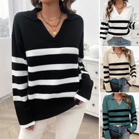 Clothing autumn winter casual loose striped contrast lapel sweater tops