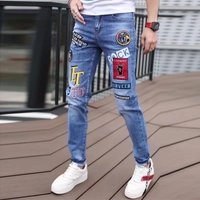 Trendy Brand Personalized Graffiti Print Pattern Jeans Korean Style Stretchy Slim Fit Versatile Casual Long