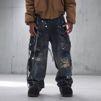Trendy Men's Relaxed Fit Straight Leg Jeans - Dark Blue Washed With Faux Ripped & Graffiti Details