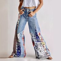 Clothing fashion retro denim bohemian style stitching button high waist wide leg jeans