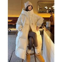 Korean Oversized Puffer Coat – Knee-Length Winter Jacket With Hood (Black/White/Coffee, S-XL, Heavyweight Polyester, Roomy Pockets)"