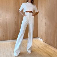 Clothing Set Fashion Round Neck Short Sleeve Top Straight Trousers Solid Two piece Set
