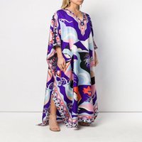 Summer New Women's Printed V Neck Robe Casual Fashion Long Skirt Dress Loose Holiday Style 2024