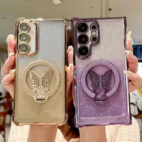 Luxury Glitter Plating Butterfly Holder Soft Case Samsung Galaxy S25 Plus S24 FE S25 Ultra S23 FE Stand Back Cover