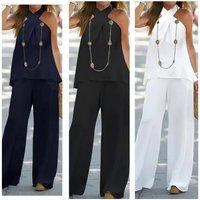 fashion casual backless solid sleeveless suit wide leg pants two piece suit