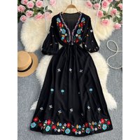 Retro Ethnic Style Bohemian Seaside Vacation V neck Embroidery Waist Slimming Medium Long line Dress