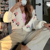Floral Embellished Knit Cardigan Sweet V Neck Button Up Sweater Coat