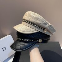 Octagonal Hats plaid leather hat fashionable small fragrance chain age reducing versatile flat top peaked hat