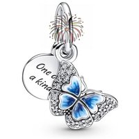 Pan's 925 Sterling Silver Blue Butterfly Pendant DIY Mother's Day Rose Gold Inlaid Diamond Heart Cherry Blossom Beaded
