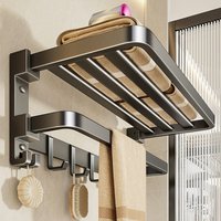 Gunmetal Foldable Towel Rack Bathroom No Drill Wall Mounted Storage Shelf
