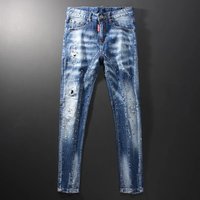 Slim Fit Straight Leg Stretch Jeans European Style Summer Arrival Ripped Distressed Embroidered Paint Spot Blue