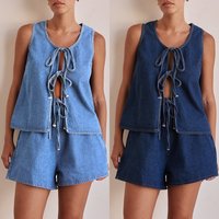 Clothing Summer Fashion Casual Sleeveless Lace Up High Waist Vest Denim Suit Shorts