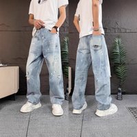  High Street Distressed Paint Drop Wide Leg Jeans Vintage Washed Loose Fit Straight Denim Pants Casual Wear