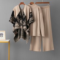 Women’s 3-Piece Knit Set – Jacquard Cardigan + Round Neck Top + Wide-Leg Lounge Pants (One Size, Viscose Blend)