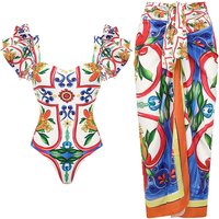 Ruffled Enamel Print Beach Vacation One piece Swimsuit Suit