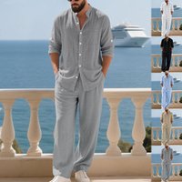 Linen Long Sleeve Henley Shirt Relaxed Beach Pants Set Breathable Comfort Home Outdoors