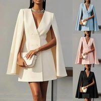 Double Breasted Cape Dress – Polyester Spandex Blend V Neck Office Wear Versatile Fall Layering