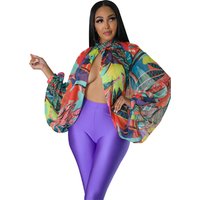 summer lace up printed chiffon shirt bat sleeve top