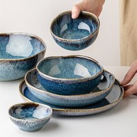 Cerulean Glaze Dinnerware Set Handmade Kiln Fired Ceramic Plates & Bowls