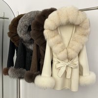 Elegant Oversized Fox Fur Collar Double Faced Wool Coat Warm Winter Outerwear Hood Loose Fit Mid Length