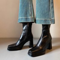 Horse Leather~High Ankle Autumn Winter Petite Waterproof Platform Chunky Heel Genuine Leather
