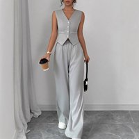 Elegant Button Down Sleeveless Vest & Pants Set Breathable Polyester Summer Outfit Office & Vacation Wear 