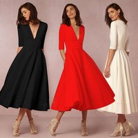 Elegant Deep V Neckline Long Sleeve Midi Dress Flattering Line Silhouette High Waist & Asymmetrical Hem Breathable Polyester Blend