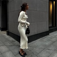 Clothing light luxury ruffled knitted dress sweater dress lapel tight midi skirt