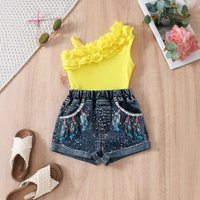 Hot Selling 2025 Summer Oblique Shoulder Lace Suspender Tops Printed Denim Shorts Set